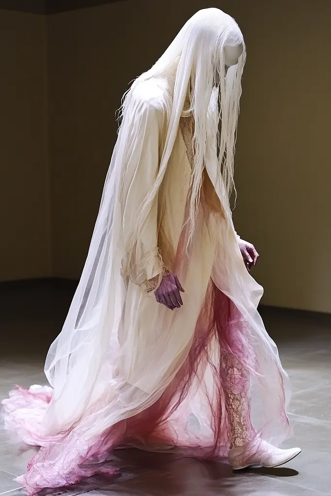 Midjourney generated image using SREF code Whisker Silks: A woman in a white and pink dress with long white hair.
