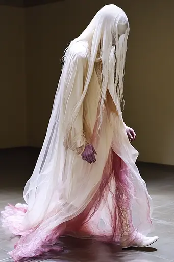 Midjourney generated image using SREF code Whisker Silks: A woman in a white and pink dress with long white hair.