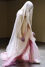 Midjourney generated image using SREF code Whisker Silks: A woman in a white and pink dress with long white hair.
