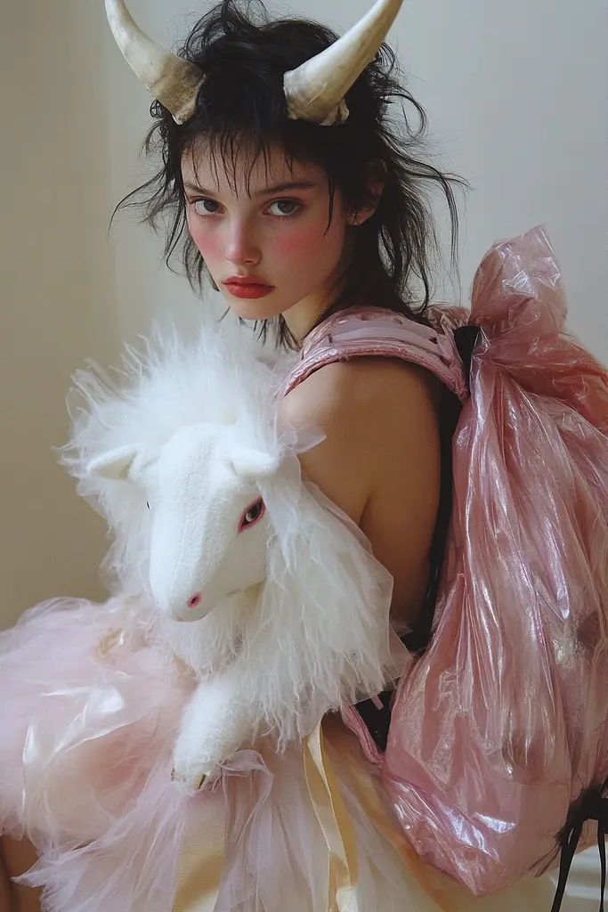 Midjourney generated image using SREF code Whisker Silks: A woman in a pink dress holding a white goat.