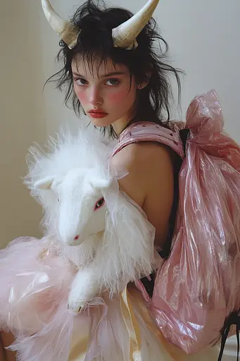 Midjourney generated image using SREF code Whisker Silks: A woman in a pink dress holding a white goat.