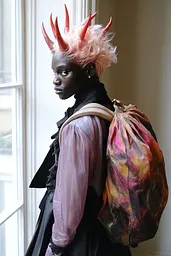 Midjourney generated image using SREF code Whisker Silks: A woman with pink hair and horns on her head.