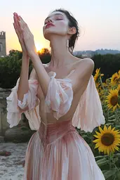 Midjourney generated image using SREF code Whisker Silks: A woman in a pink dress standing in a field of sunflowers.