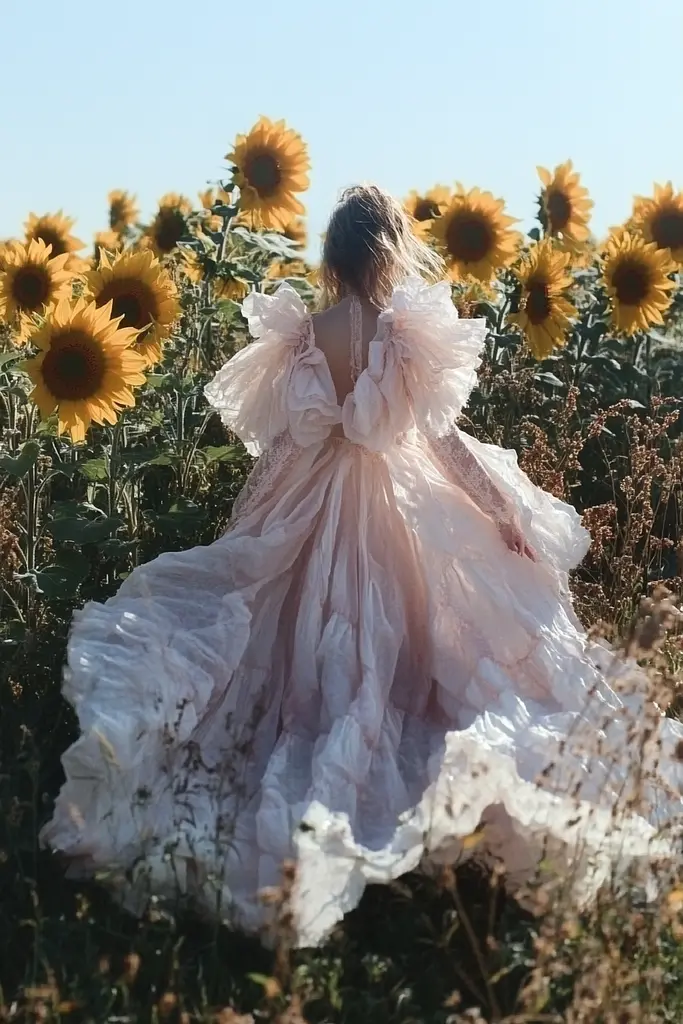 Midjourney generated image using SREF code Whisker Silks: A woman in a pink dress walking through a field of sunflowers.