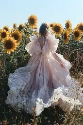 Midjourney generated image using SREF code Whisker Silks: A woman in a pink dress walking through a field of sunflowers.
