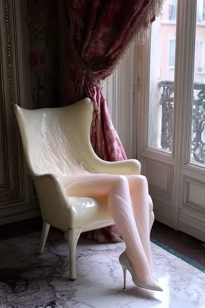 Midjourney generated image using SREF code Whisker Silks: A woman sitting in a white chair in front of a window.