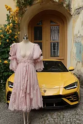 Midjourney generated image using SREF code Whisker Silks: A dress on a mannequin in front of a yellow car.