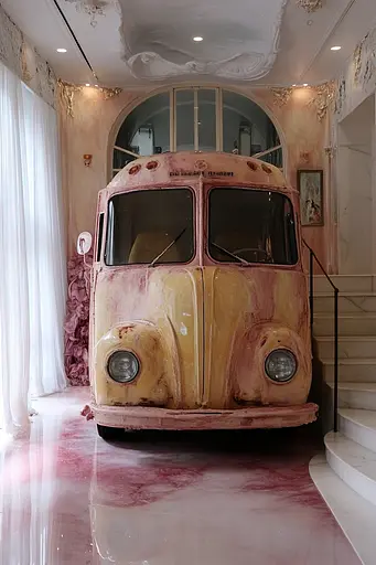 Midjourney generated image using SREF code Whisker Silks: A pink and yellow van is parked in a room.