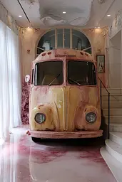 Midjourney generated image using SREF code Whisker Silks: A pink and yellow van is parked in a room.
