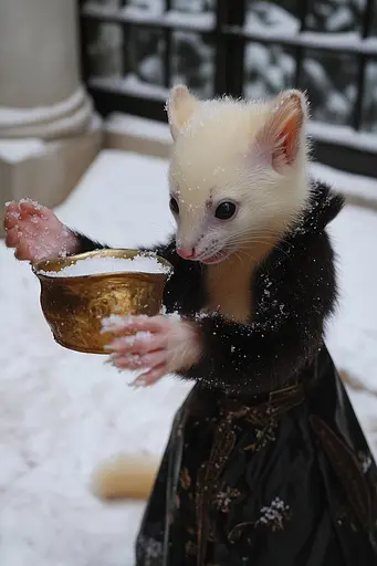 Midjourney generated image using SREF code Whisker Silks: A ferret in a black dress holding a gold bowl in the snow.