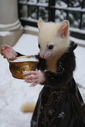 Midjourney generated image using SREF code Whisker Silks: A ferret in a black dress holding a gold bowl in the snow.