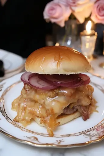 Midjourney generated image using SREF code Whisker Silks: A hamburger on a plate with onions and cheese on it.