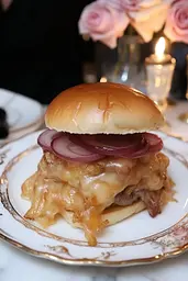 Midjourney generated image using SREF code Whisker Silks: A hamburger on a plate with onions and cheese on it.