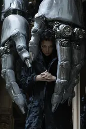 Midjourney generated image using SREF code Mechanical Depravity: A woman standing next to a giant robot.