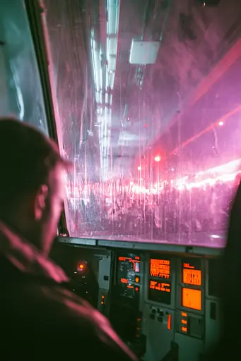 Midjourney generated image using SREF code Cyan Flux: A man sitting in the cockpit of a plane looking out the window.