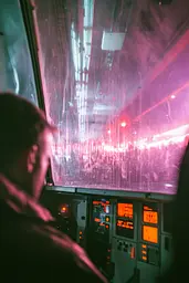 Midjourney generated image using SREF code Cyan Flux: A man sitting in the cockpit of a plane looking out the window.