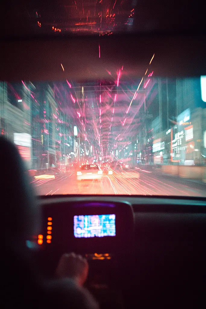Midjourney generated image using SREF code Cyan Flux: A view of a city street at night from inside a car.
