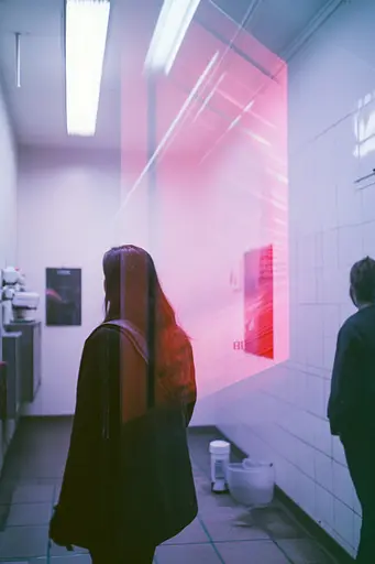 Midjourney generated image using SREF code Cyan Flux: A woman walking down a hallway next to a man.