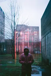 Midjourney generated image using SREF code Cyan Flux: A man standing in the rain in front of a building.