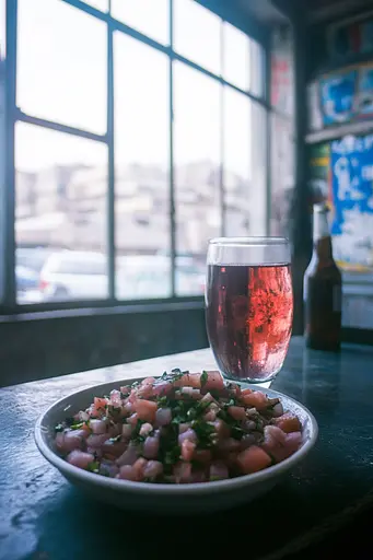 Midjourney generated image using SREF code Cyan Flux: A bowl of food and a glass of wine on a table.
