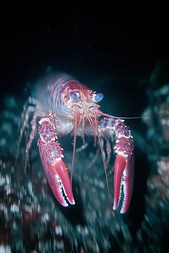Midjourney generated image using SREF code Cyan Flux: A large red lobster with blue eyes on a coral reef.