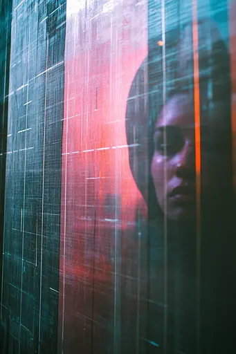 Midjourney generated image using SREF code Cyan Flux: A woman is reflected in the glass of a building.