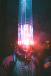 Midjourney generated image using SREF code Cyan Flux: A man wearing a light bulb on his head in the dark.