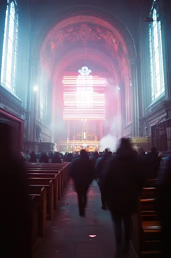 Midjourney generated image using SREF code Cyan Flux: A group of people walking down a church aisle.