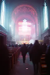 Midjourney generated image using SREF code Cyan Flux: A group of people walking down a church aisle.