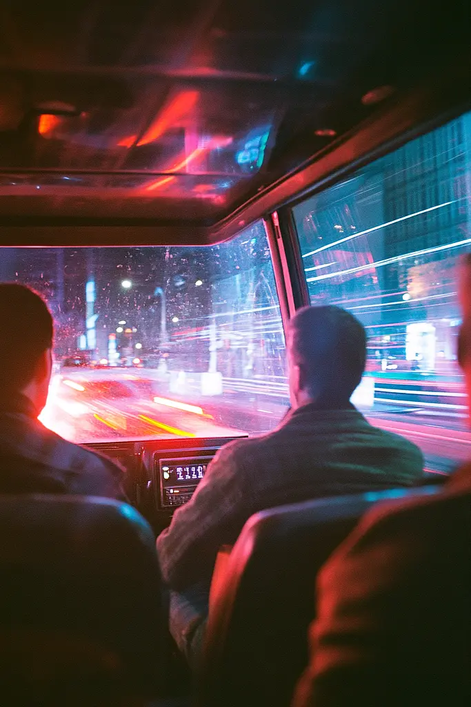 Midjourney generated image using SREF code Cyan Flux: A group of people sitting in a bus looking out the window.