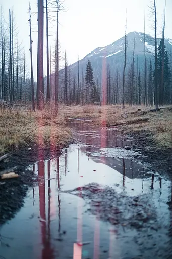 Midjourney generated image using SREF code Cyan Flux: A puddle of water in the middle of a forest with a mountain in the background.