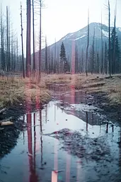 Midjourney generated image using SREF code Cyan Flux: A puddle of water in the middle of a forest with a mountain in the background.