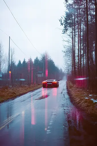 Midjourney generated image using SREF code Cyan Flux: A red car driving down a wet road in the rain.