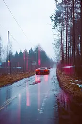 Midjourney generated image using SREF code Cyan Flux: A red car driving down a wet road in the rain.