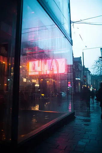 Midjourney generated image using SREF code Cyan Flux: People walking down a city street at night in the rain.
