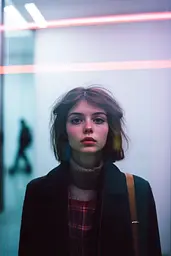 Midjourney generated image using SREF code Cyan Flux: A woman standing in front of a glass wall.