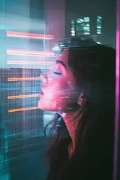 Midjourney generated image using SREF code Cyan Flux: A woman looking out of a window at the city.