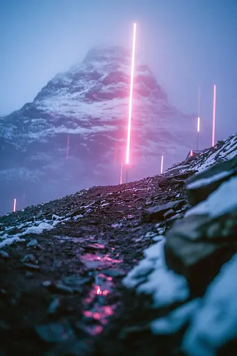 Midjourney generated image using SREF code Cyan Flux: A group of neon lights on top of a mountain.
