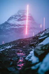 Midjourney generated image using SREF code Cyan Flux: A group of neon lights on top of a mountain.