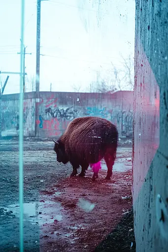Midjourney generated image using SREF code Cyan Flux: A bison standing in the middle of a street next to a wall.