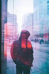 Midjourney generated image using SREF code Cyan Flux: A person standing in front of a glass door in the rain.