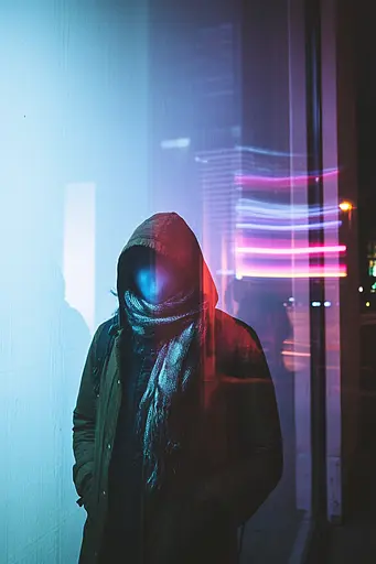 Midjourney generated image using SREF code Cyan Flux: A person in a hooded jacket standing in front of a wall.
