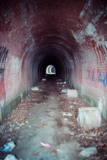 Midjourney generated image using SREF code Cyan Flux: A dark tunnel with graffiti on the walls. 