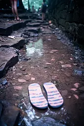 Midjourney generated image using SREF code Cyan Flux: A pair of flip flops sitting on top of a muddy ground.