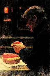 Midjourney generated image using SREF code SootBloom: A man sitting at a table eating a piece of cake.