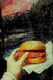 Midjourney generated image using SREF code SootBloom: A drawing of a person holding a hamburger in their hand.