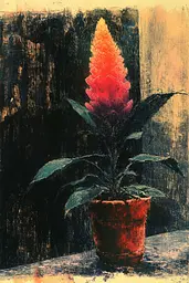 Midjourney generated image using SREF code SootBloom: A painting of a red flower in a red pot.
