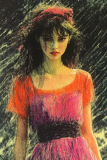 Midjourney generated image using SREF code SootBloom: A woman in a pink dress with a red headband.