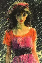 Midjourney generated image using SREF code SootBloom: A woman in a pink dress with a red headband.