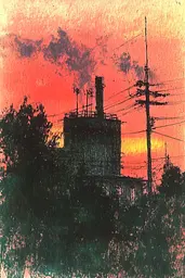 Midjourney generated image using SREF code SootBloom: A picture of a factory with a sunset in the background.